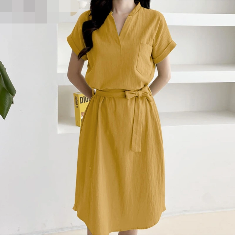 Women's New Short Sleeved Waist Mid-Length Dress