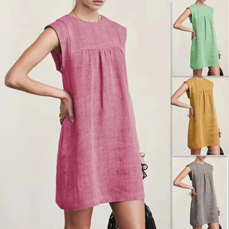 Loose Ladies Casual Cotton And Linen Solid Color Dress