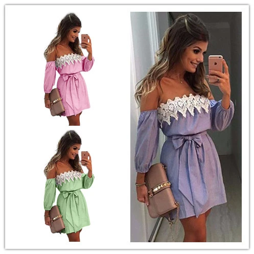 Fashion One-neck Lace Stitching Pinstripe Dress