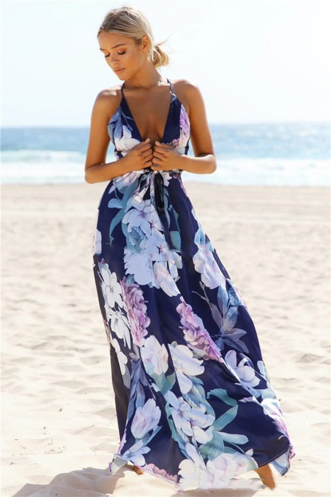 Summer Women's Sexy Vacation Beach Sleeveless Cross Sling Low Cut One-Piece Dress