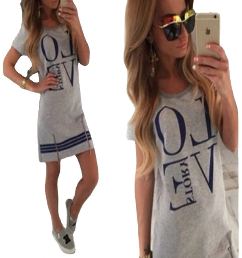 English Alphabet Print LOVE Zipper T-shirt Dress