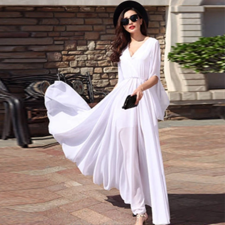 Short-sleeved V-neck Slim Solid Color Dress
