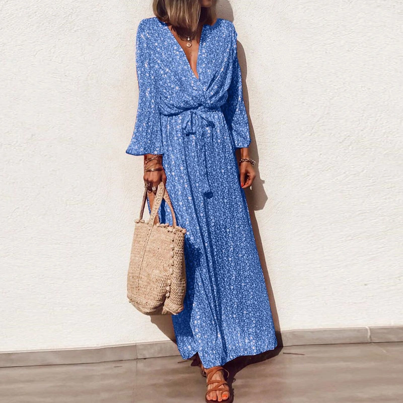 Long-sleeved V-neck Flower Elegant Casual Long Dress