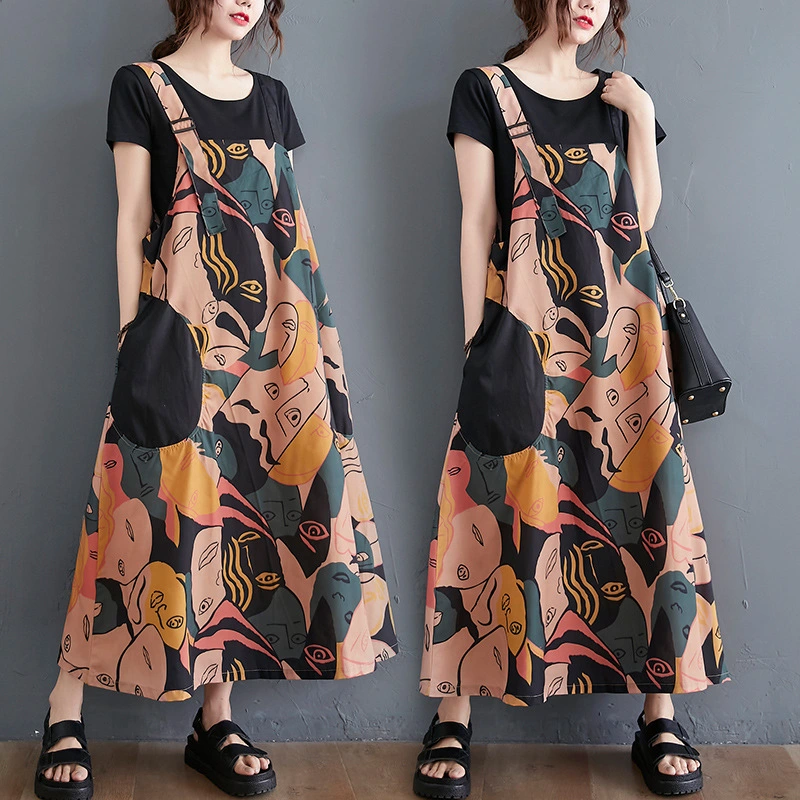 Summer New Style Women's Retro Fashion Print Long Over-The-Knee A-Line Strap Dress