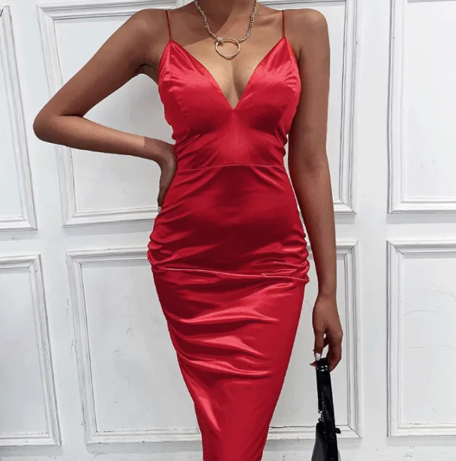 V-neck Suspender Bottoming Dress Slim Bag Hip Skirt