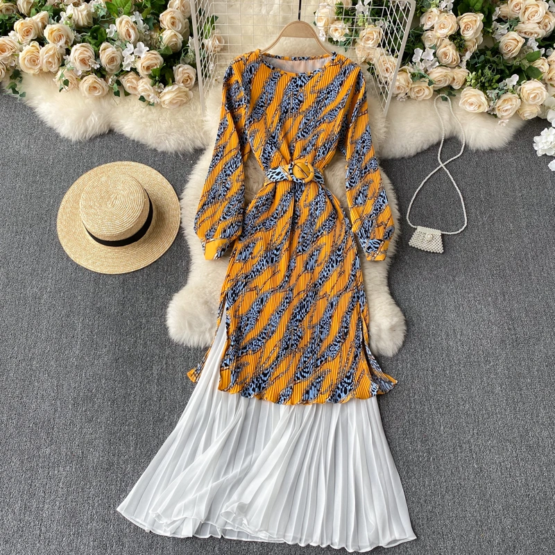 European And American Ins Design Sense Printing Heavy Industry Pleated Stretch Slim Mid-length Contrast Color Stitching Chiffon Dress Female