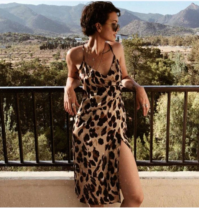 Leopard Print Suspender Hem Slit Dress