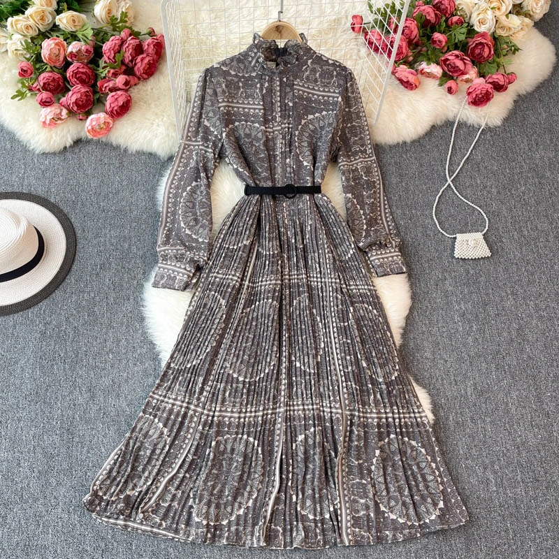 Temperament Stand-up Collar Slim Mid-length Pleated Chiffon Dress