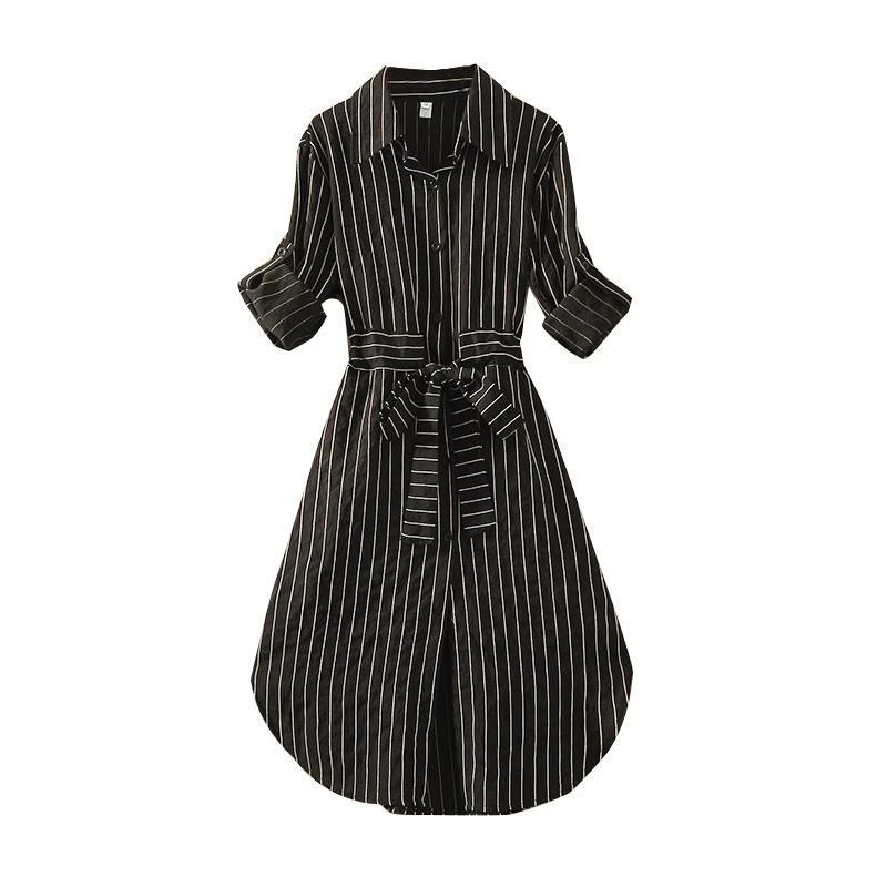  Spring And Autumn Korean Version Of The New Fashion Women's Fashion Striped Shirt Temperament Dress Mid-length Blouse Skirt
