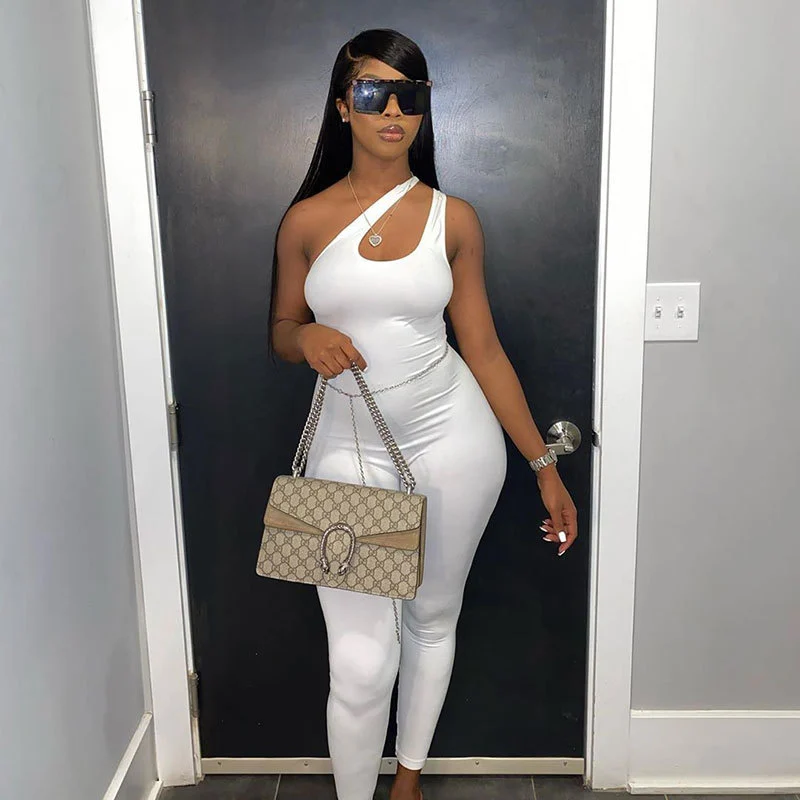 AliExpress Foreign Trade Cross-Border New Women's Solid Color Slanted Shoulder Hanging Neck Asymmetrical Sleeveless Sexy Sports Jumpsuit For Women