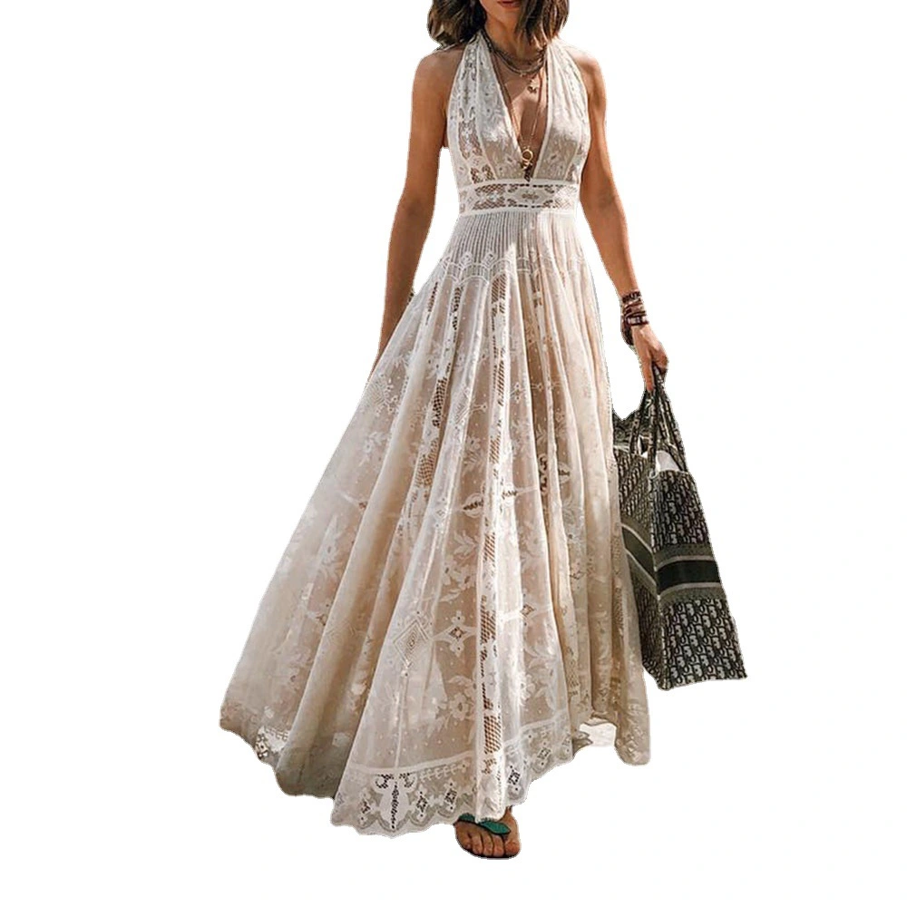 V-neck Hollow French Style Fashion Temperament Long Dress
