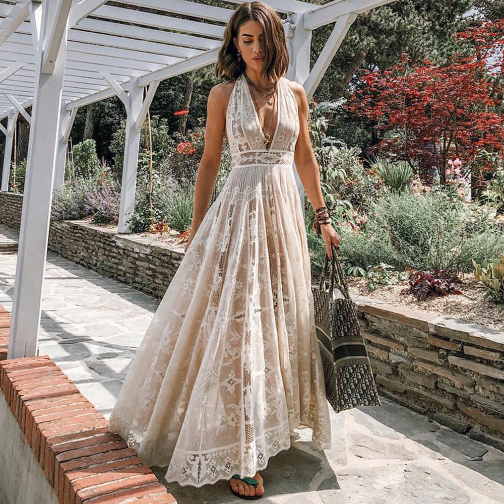 V-neck Hollow French Style Fashion Temperament Long Dress