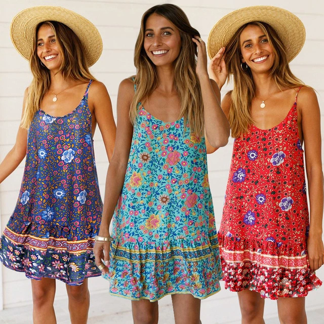  Summer New Positioning Printing Flowers Back V-Neck Suspender Skirt Small Folds Ruffled Dress