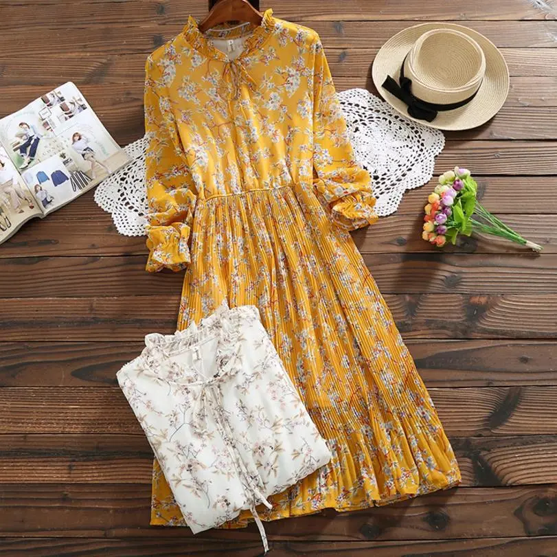 College Wind Chiffon Floral All-match Elastic Waist Slim Dress