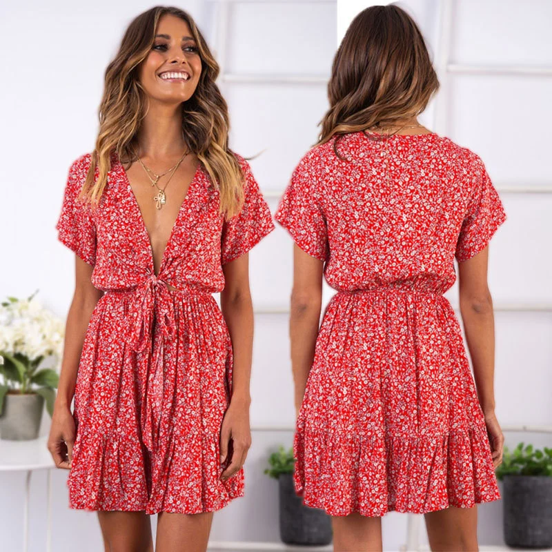 Sexy Deep V Ruffled Floral Ladies Dress