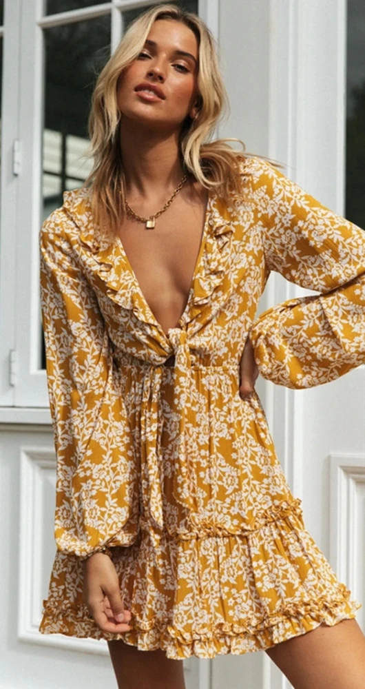  Zinc Cross-border Hot Fashion V-neck Lace Holiday Women's Ruffle Stitching Casual Dress