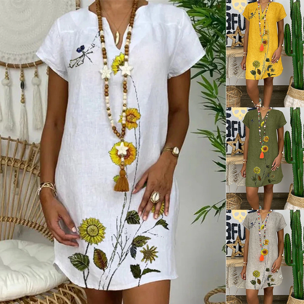 Summer New Style V-Neck Cotton And Linen Printed Short-Sleeved Pullover Loose Large Size Dress