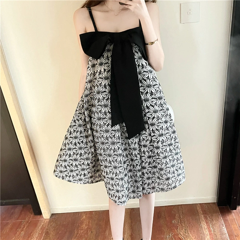 Chiffon Retro Daisy Bow Suspender Skirt Dress