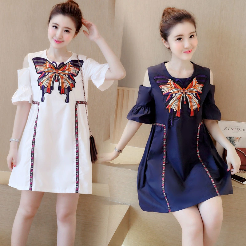 Summer Mid-length Embroidered Round Neck Strapless Maternity Dress