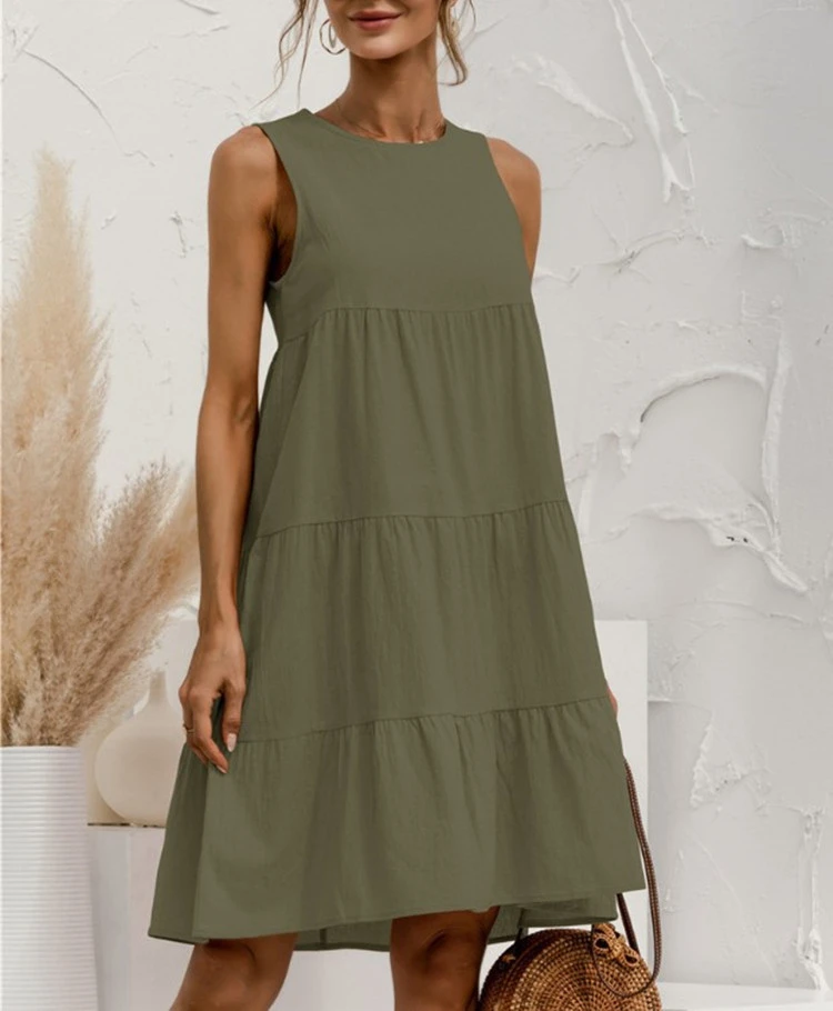 New Round Neck Sleeveless Stitching Large Size Loose Solid Color Cotton And Linen Dress