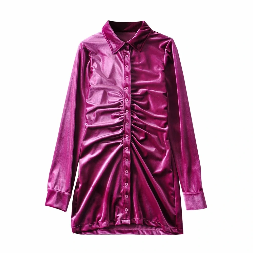 Sexy Pleated Buttoned Lapel Stretch Slim Fit Shirt Dress