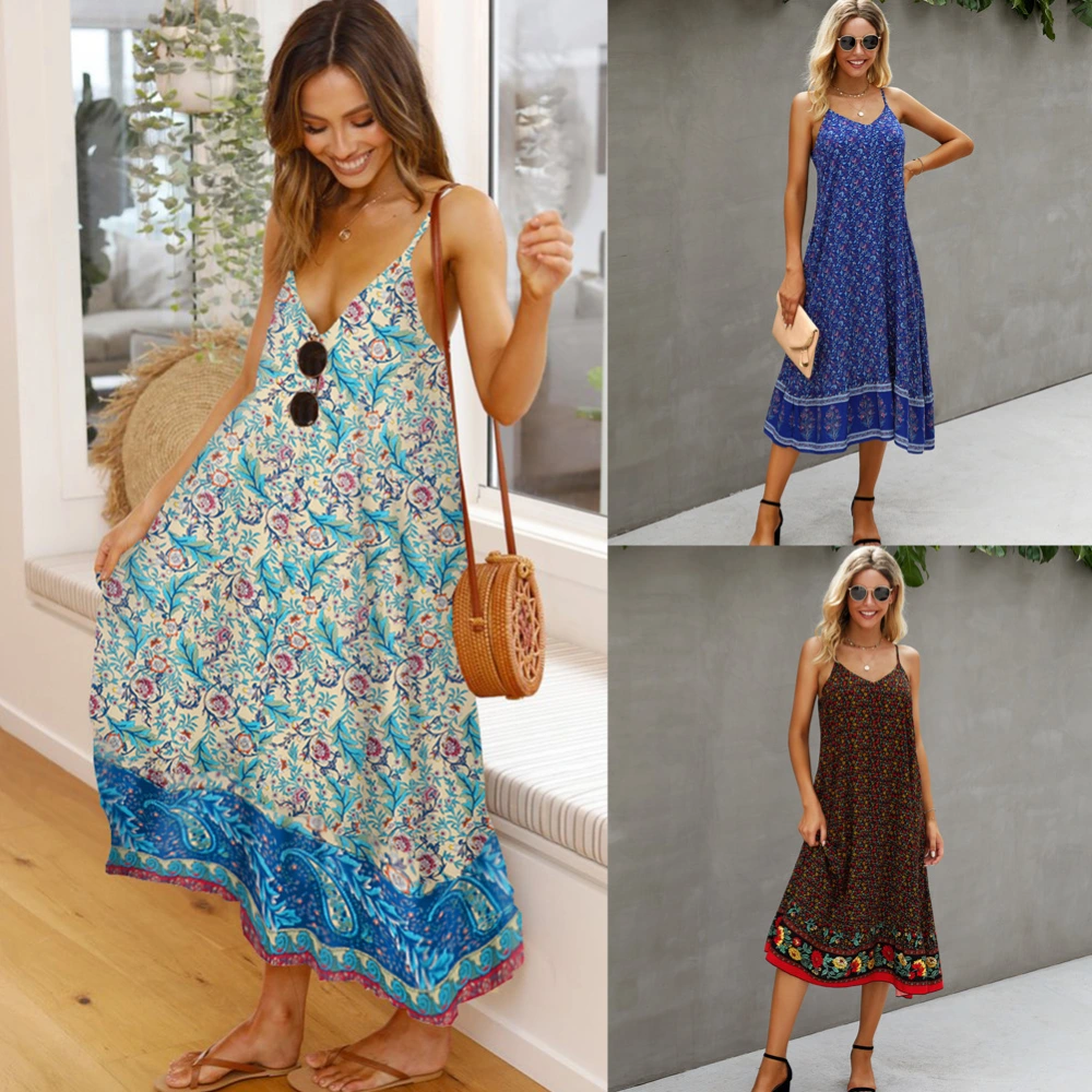 Summer Fashion Printed V-Neck Halter Sling Ladies Long Dress