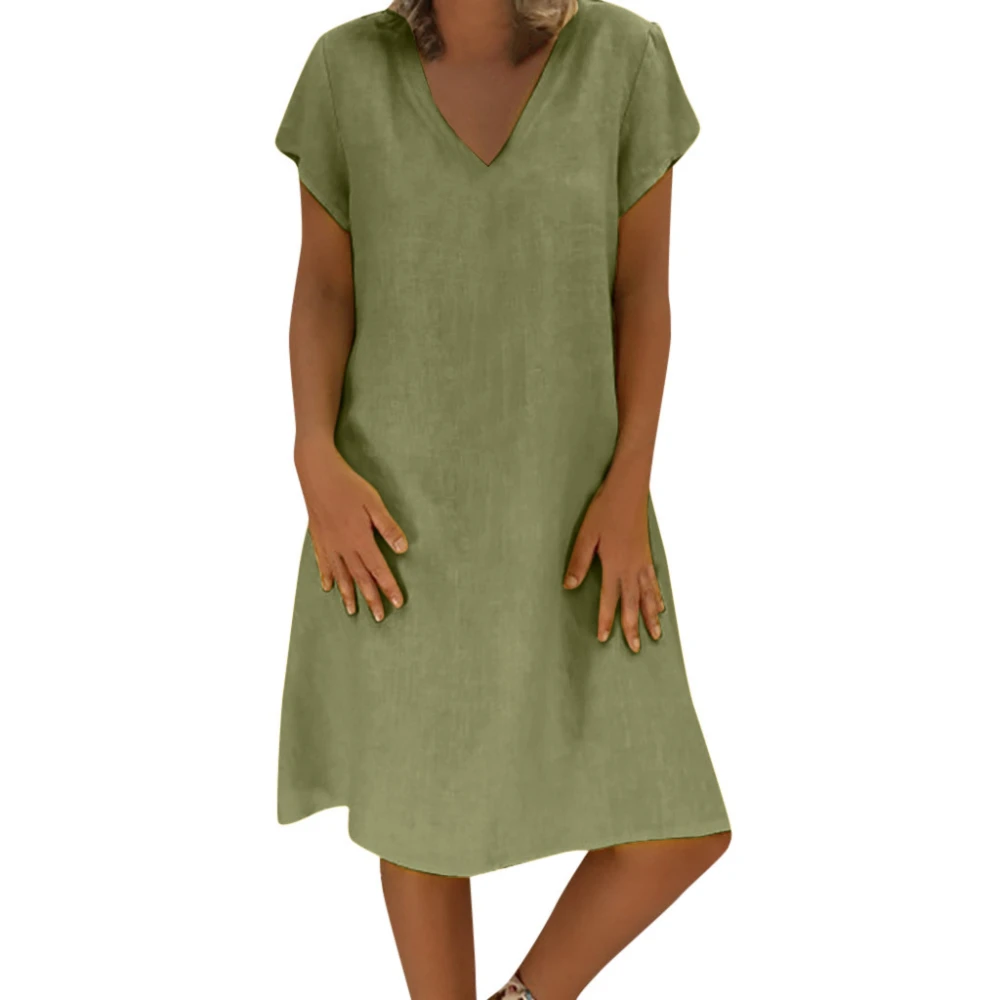 Pure Color Cotton And Linen Loose Short Sleeve Dress