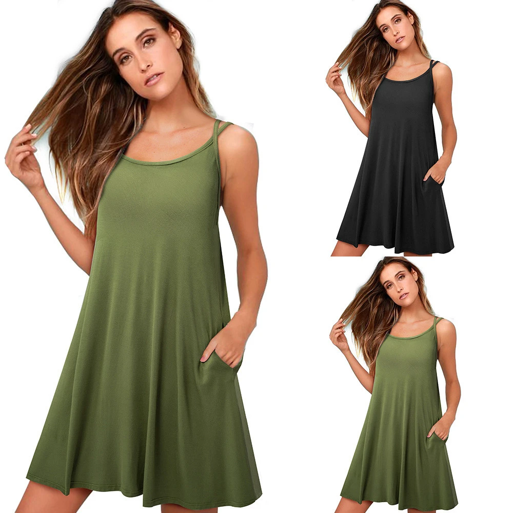 New Women's Sling Sexy Casual Solid Color Dress