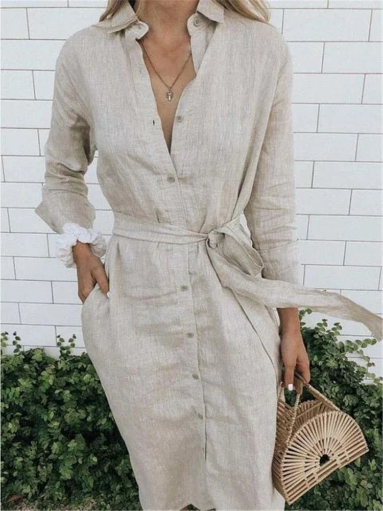 Elegant Solid Color Thin Belt Long Shirt Long Skirt Women