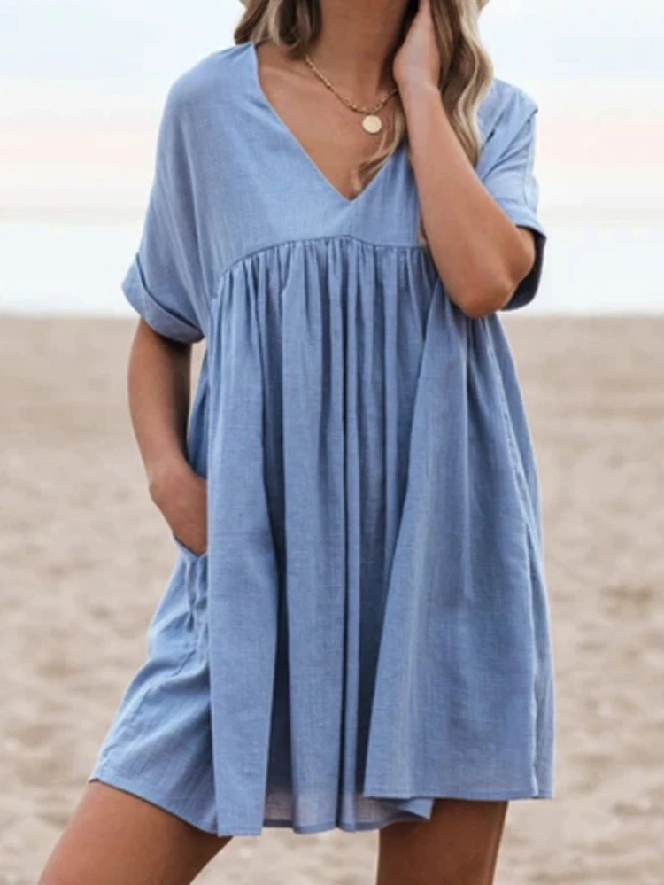Oversized Loose V-neck Loose Cotton And Linen Dress