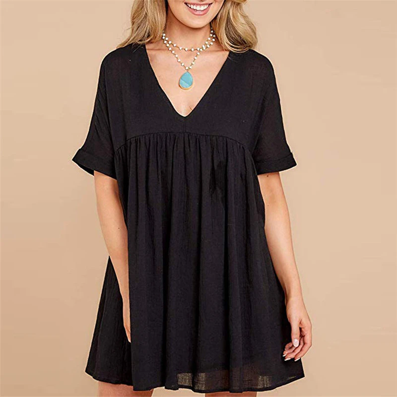 Oversized Loose V-neck Loose Cotton And Linen Dress