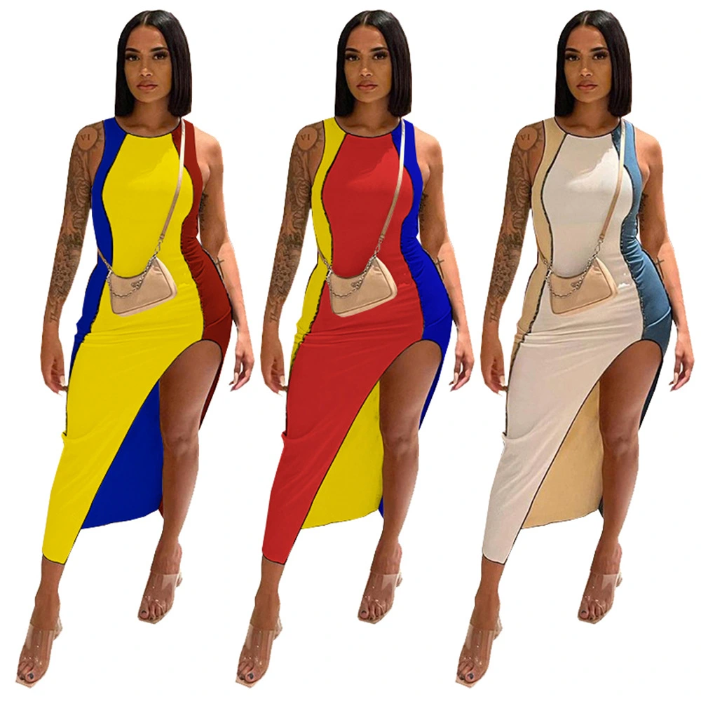 Fashion Casual Sexy Color Matching Sleeveless Irregular Long Skirt