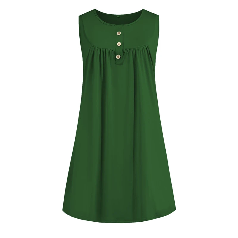 Button Pleated Vest Casual Sleeveless Dress