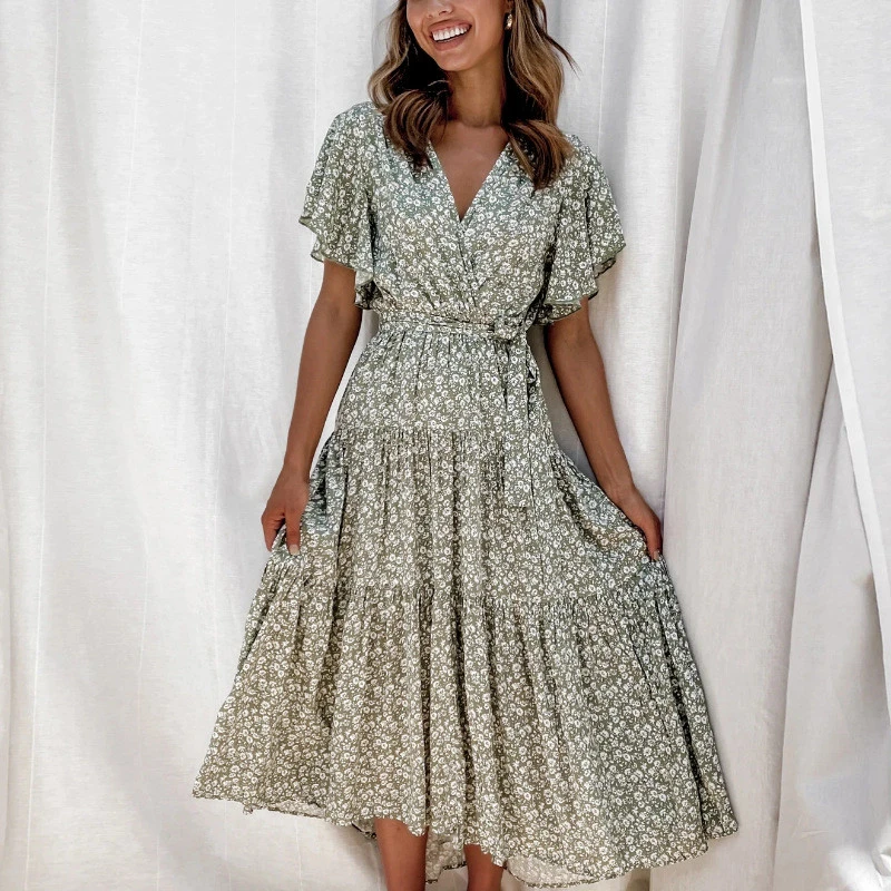 Chiffon Short Sleeve Printed High Waist V-neck Fashion Ladies Dress
