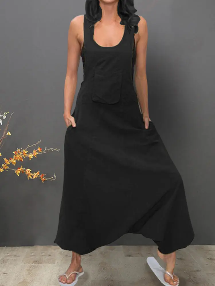 Strap-style Chest Pockets And Back Straps Solid Color Dress