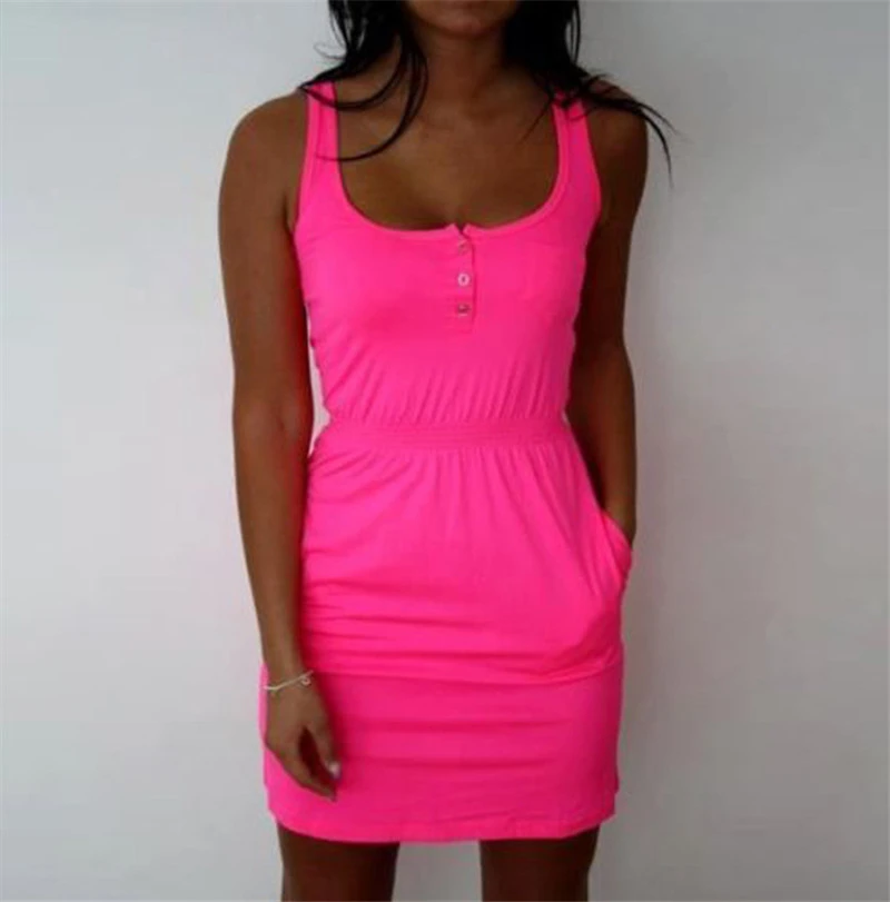 Beach Fluorescent Color Waist Elasticated Mini Dress