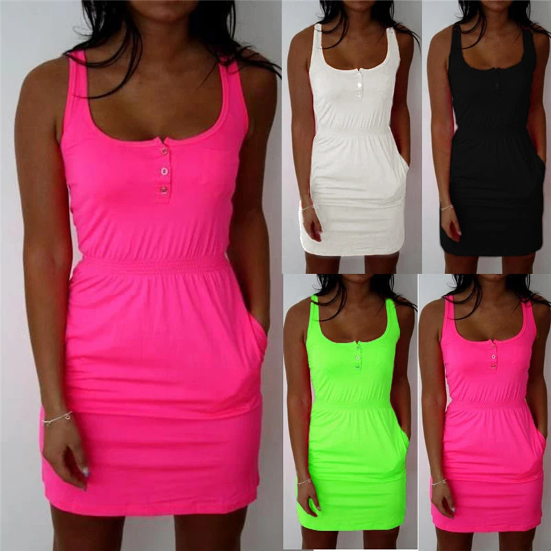 Beach Fluorescent Color Waist Elasticated Mini Dress