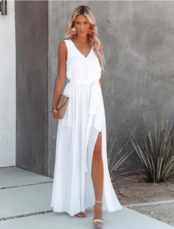 Trendy Women's Sling Type V-neck Irregular Skirt And Large Swing Dress