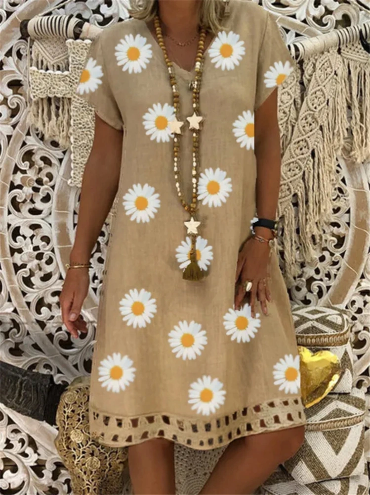 Fashion Sunflower Print Short Sleeve V-Neck Dress