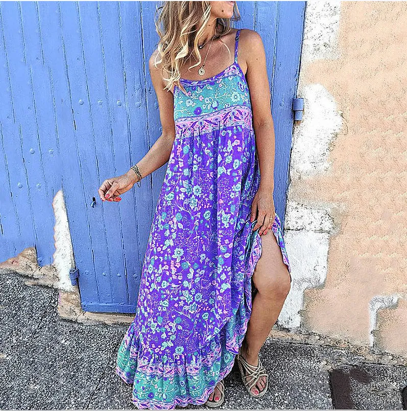Printed Suspender Skirt, Irregular Ruffle Skirt, Loose Long Skirt, Square Collar