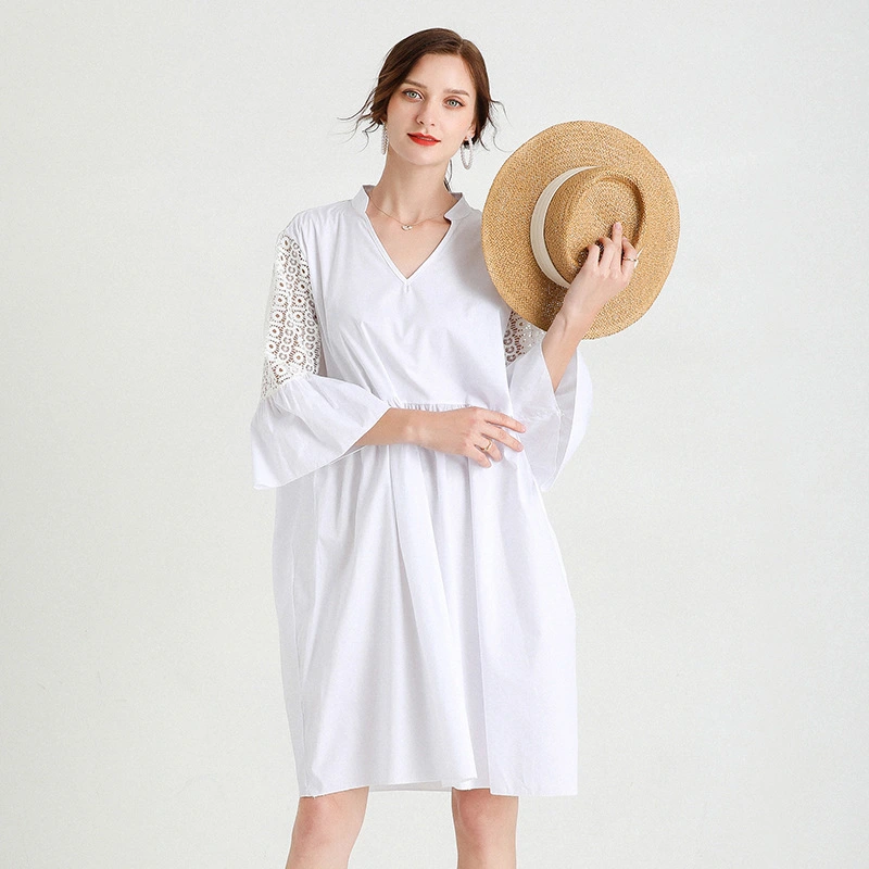 Summer New Fashion Skirt Women's Mid-Length Lace Stitching Fashion V-Neck Short-Sleeved Dress