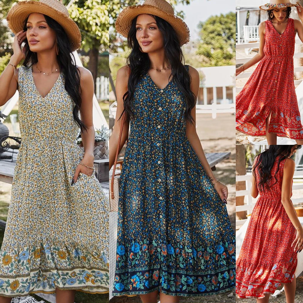 Ladies Dress Bohemian V-Neck Printed Skirt