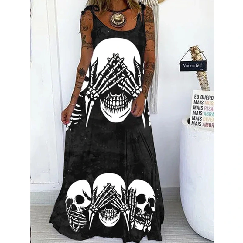 Punk Skull Print Loose Plus Size Lace-up Dress