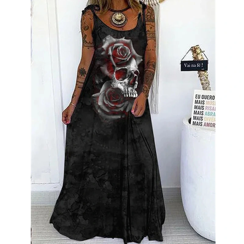 Punk Skull Print Loose Plus Size Lace-up Dress