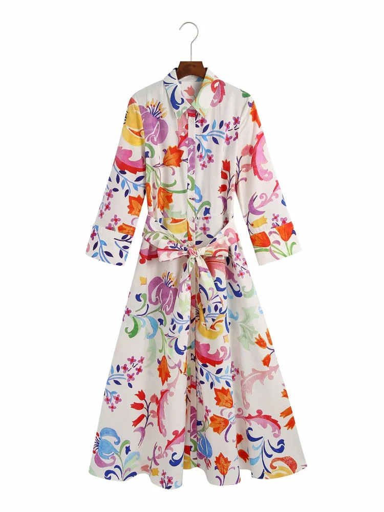 New Women's Long-Sleeved Lapel Printed Midi Dress With Big Swing Skirt
