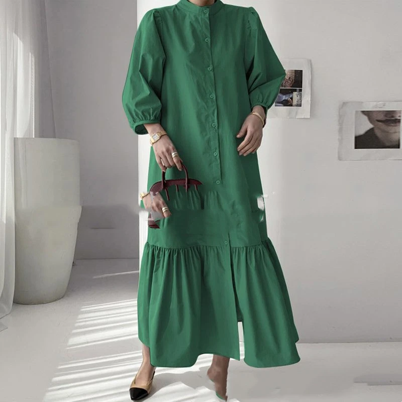Women's Cotton And Linen Japanese Stand-up Collar Seven-point Lantern Sleeves Ruffled Long Skirt
