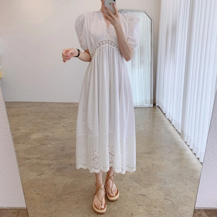 V-neck Lace Stitching Cut-waist Dress