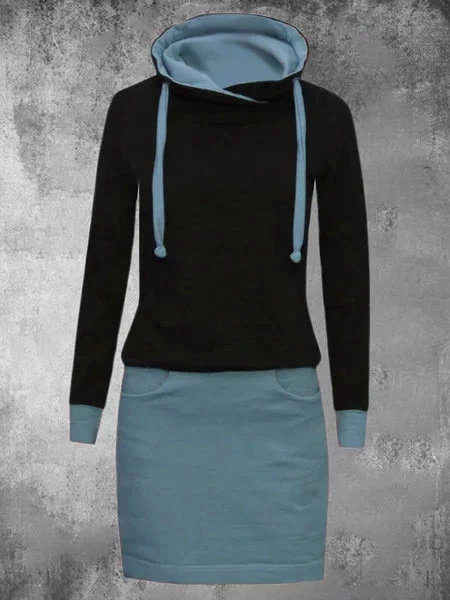 Tethered Hooded Long-sleeved Colorblock Sweater