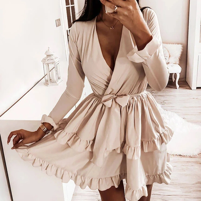Flared Sleeves Ruffles V Neck Sexy