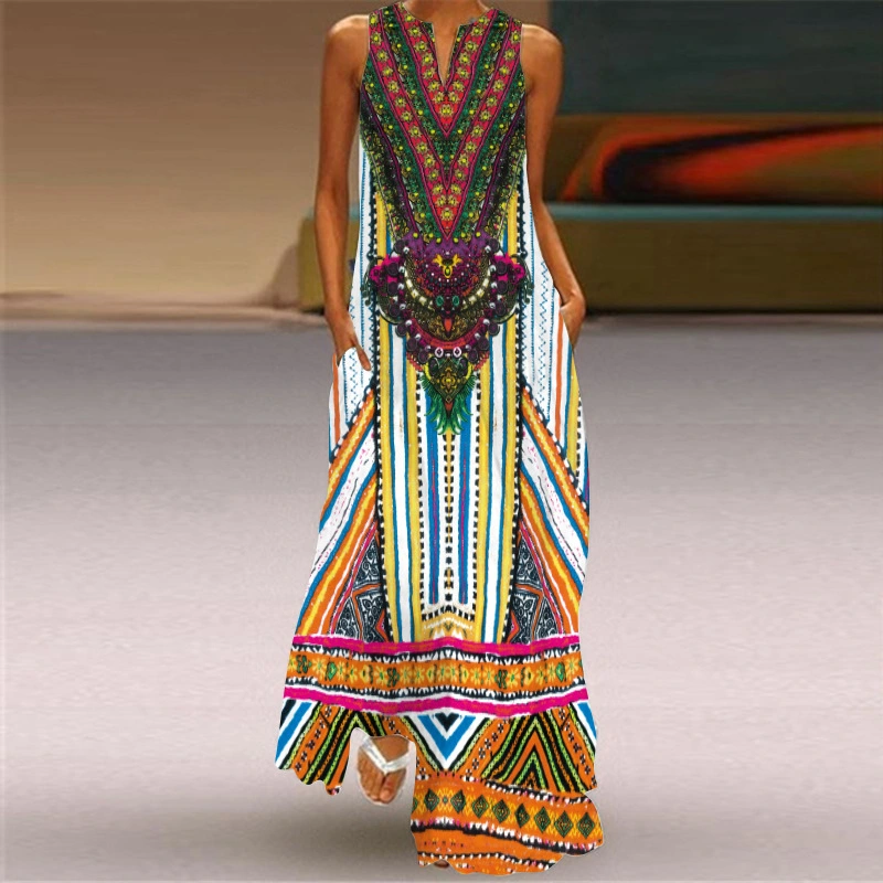 Ladies Retro Print Long Dress V-neck Sleeveless Summer Sexy Dress With Pockets